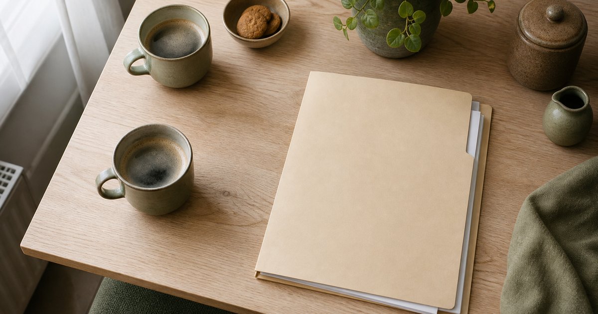 Een keukentafel met koffie en papieren over zorg